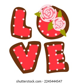 Letters love in the form of cookies with icing. Ginger cookies in the shape of letters with a contour of glaze. Background for printing a postcard with cookies