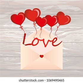 Letters of love on the balls in the form of a heart fly out of the envelope. Greeting card or invitation for a holiday. Vector on wooden background. Copy space for text.
