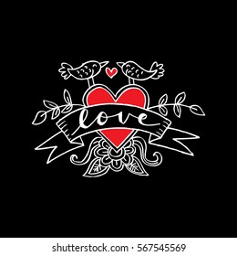 Letters love with two bird  and ribbon.