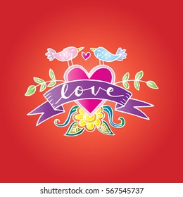 Letters love with two bird  and ribbon.