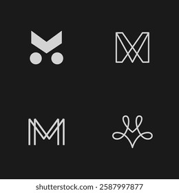 Letters M logo set. Abstract vector icons signs logotypes in different styles isolated on black background