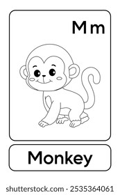 Letters M is for Monkey. Monkey coloring pages. Animal Flashcard printable learn letters Alphabet for kids education and game activity. Kindergarten and preschool worksheets printable for kids.