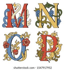 Letters M, N, O, P. Drop Caps. Cartoon letters fabulous hand drawn. Fabulous ornamental capital letters. For fairy tale design