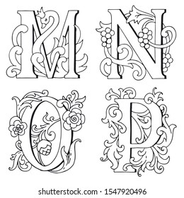 Letters M, N, O, P. Drop Caps. Cartoon letters fabulous hand drawn. Fabulous ornamental capital letters. For fairy tale design. For coloring. Coloring book. Isolated, on transparent background