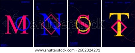 Letters M, N, S, and T are showcased in this vivid poster series with dark backgrounds, geometric overlays, vibrant neon hues, and precision design, blending art with typographic structure.