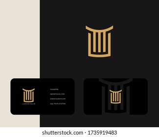 Letters M and U or MU line logo design with business card vector template. Linear minimal stylish emblem. Premium business logotype. Graphic alphabet symbol for corporate business identity