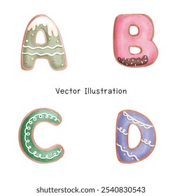 The letters are made as ginger cookies coated with chocolate and sprinkles.Watercolor, Vector IllusIllustration.