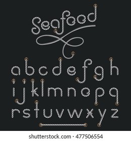 Letters made from nautical rope - hand written font, seafood, Vector illustration in flat, cartoon style isolated from the background, EPS 10