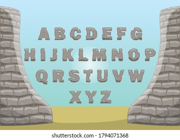 letters made of stone and a frame in the form of stone towers