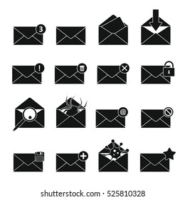 Letters mail set in black simple style isolated on white background vector stock illustration. Letters mail objects in black flat style elements for illustration, infographics, logos and banners.