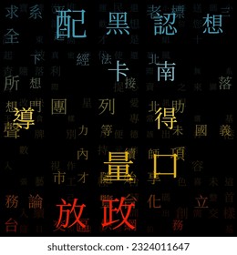 Letters Matrix Background. Random Characters of Chinese Traditional Alphabet. Gradient matrix pattern. Contrast red, yellow, blue color theme backgrounds. Tileable horizontally.