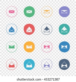 Letters, messages, envelopes icons. Web colorful flat elements set. Hand-drawn round buttons. Isolated on transparent background. Vector illustration. For e-mail.