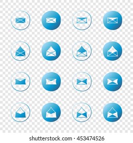 Letters, messages, envelopes icons. Web blue gradient elements set. Hand-drawn round buttons. Isolated on transparent background. Vector illustration. For e-mail.
