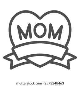 Letters MOM on heart with ribbon line icon, mother day concept. Vector graphics. Heart shape with text and festive tape sign on white background, outline style icon for mobile or web design