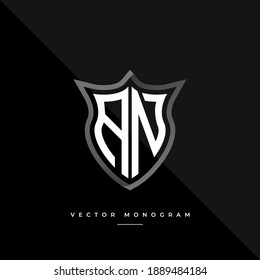 letters AN monochrome silver shield monogram vector logo template.