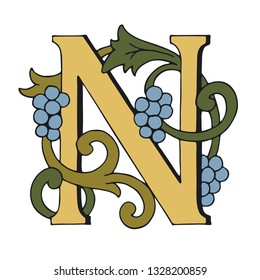 Letters N Drop Caps. Vector hand-drawing letter. Fabulous ornament with a bird.
