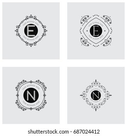 The letters N, E. Flourishes calligraphic monogram emblem template. Luxury elegant frame ornament line logo design vector illustration. Example designs for Cafe, Hotel, Heraldic, Restaurant, Boutique