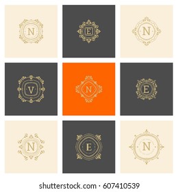 The letters N, E, V,. Flourishes calligraphic monogram emblem template. Luxury elegant frame ornament line logo design vector illustration.