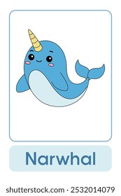 Letras N é para Narwhal. Animal Flashcard printable aprender letras Alfabeto abc Inglês para crianças educação e atividade de jogo. Planilhas de jardim de infância e pré-escola imprimíveis para crianças.