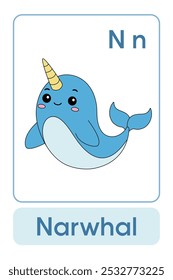 Letras N é para Narwhal. Animal Flashcard printable aprender letras Alfabeto abc Inglês para crianças educação e atividade de jogo. Planilhas de jardim de infância e pré-escola imprimíveis para crianças.