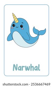 Letras N é para Narwhal. Animal Flashcard printable aprender letras Alfabeto abc Inglês para crianças educação e atividade de jogo. Planilhas de jardim de infância e pré-escola imprimíveis para crianças.