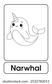 Letras N é para Narwhal. Páginas de coloração estreitas. Animal Flashcard printable aprender letras Alfabeto para a educação das crianças e atividade de jogo. Planilhas de jardim de infância e pré-escola imprimíveis para crianças.