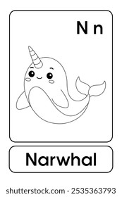 Letras N é para Narwhal. Páginas de coloração estreitas. Animal Flashcard printable aprender letras Alfabeto para a educação das crianças e atividade de jogo. Planilhas de jardim de infância e pré-escola imprimíveis para crianças.