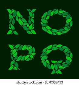 Letters N, O, P, Q made of green leaves. Stock vector illustration for your logo design.