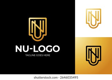 Letras NU, UN Logo Emblem Monogram. Marcas de moda simples criativas exclusivas dourado NU UN U N inicial baseado letra ícone logotipo.