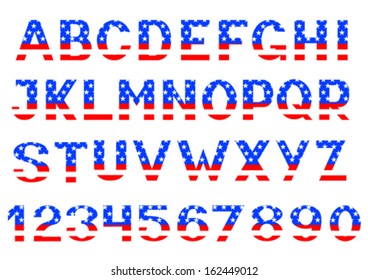 Letters and numbers alphabet of American flag