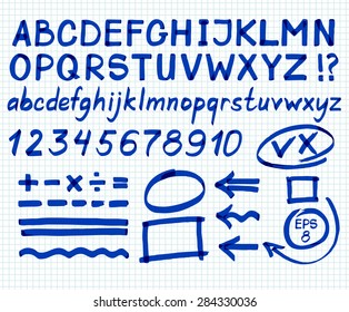 Letters, numbers, arrows, mathematical symbols, lines, written in blue marker. Vector.