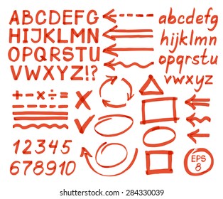 Letters, numbers, arrows, mathematical symbols, lines, written in red marker. Vector.