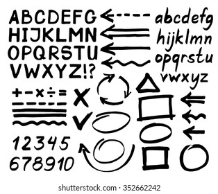 Letters, numbers, arrows, mathematical symbols, lines, written in black marker. Vector.