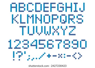 Letters and numbers from blue brick toy blocks. Colourful alphabet isolated on white background. Building bricks font. Vector illustration