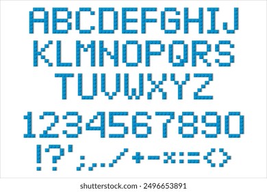 Letters and numbers from blue brick toy blocks. Colourful alphabet isolated on white background. Building bricks font. Vector illustration
