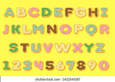 Letters and numbers with colorful donut. Donut icing latters, font of donuts. Bakery sweet alphabet. Vector illustration