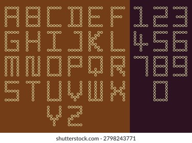 Letters and numbers created in the style of South Indian pulli kolam patterns.