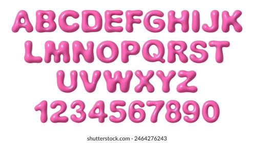 Letters and numbers in glossy pink bubble font, y2k style playful design. Vector realistic inflated balloons English alphabet and numerals. Modern letterings, holiday or party decoration