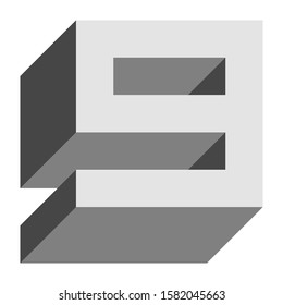Letters and numbers - isometric cubic font 3d, front top down left view - bright gray number 9 - vector illustration