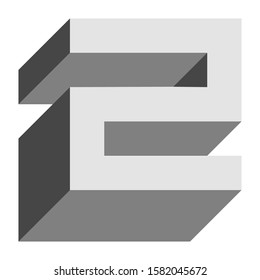 Letters and numbers - isometric cubic font 3d, front top down left view - bright gray number 2 - vector illustration
