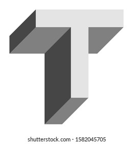 Letters and numbers - isometric cubic font 3d, front top down left view - bright gray letter T - vector illustration