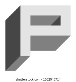 Letters and numbers - isometric cubic font 3d, front top down left view - bright gray letter P - vector illustration