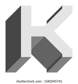 Letters and numbers - isometric cubic font 3d, front top down left view - bright gray letter K - vector illustration