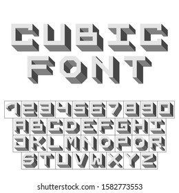 Letters and numbers - isometric cubic font 3d, front top down right view - bright gray letter and number set - vector illustration