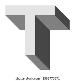 Letters and numbers - isometric cubic font 3d, front top down right view - bright gray letter T - vector illustration
