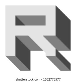 Letters and numbers - isometric cubic font 3d, front top down right view - bright gray letter R - vector illustration