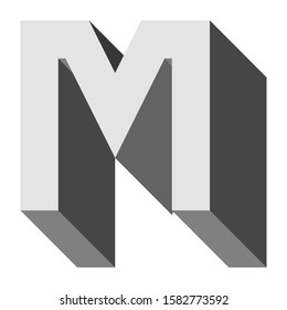 Letters and numbers - isometric cubic font 3d, front top down right view - bright gray letter M - vector illustration