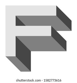 Letters and numbers - isometric cubic font 3d, front top down right view - bright gray letter F - vector illustration