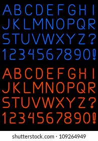 Letters and numbers rendered in fat and thin neon light tubes