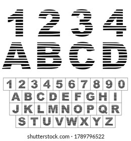 Letters and numbers set - striped mottled font - isolated, vector illustration